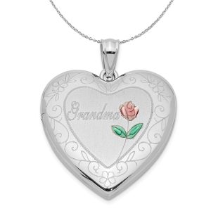 Sterling Silver and Enamel 24mm Grandma Floral Heart Locket Necklace