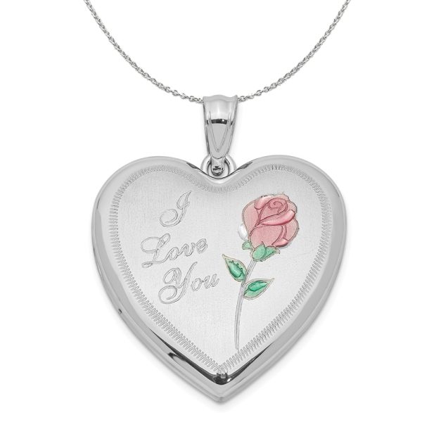 Sterling Silver and Enamel 24mm I Love You Rose Heart Locket Necklace