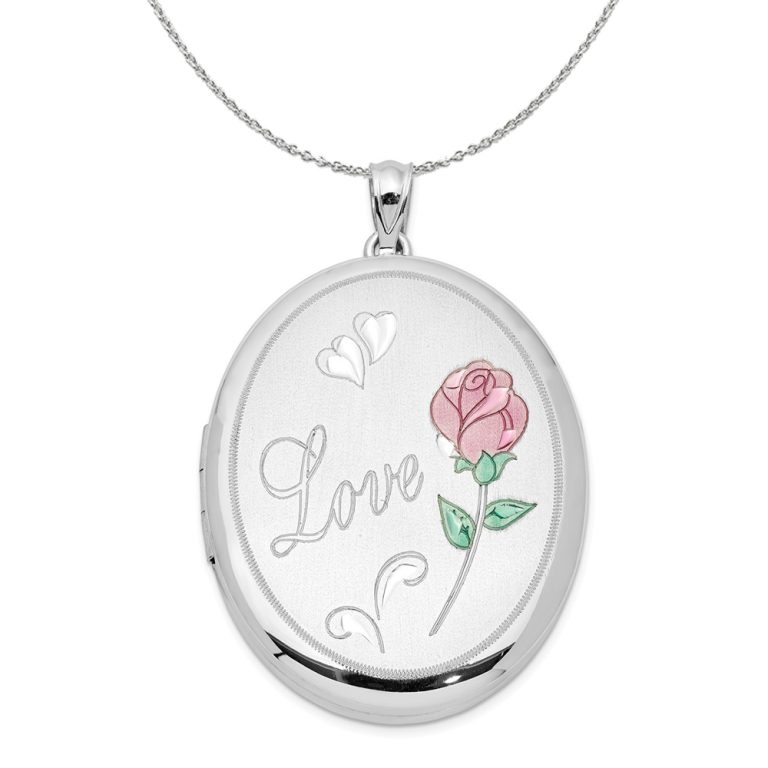 Sterling Silver and Enamel 34mm Love Rose Oval Locket Necklace