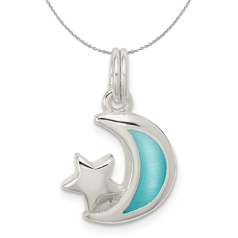 Sterling Silver and Enameled Light Blue Moon and Star Charm Necklace