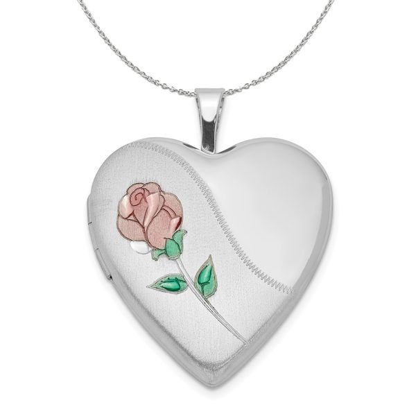 Sterling Silver and Enameled Rose Heart Locket, 20mm Necklace