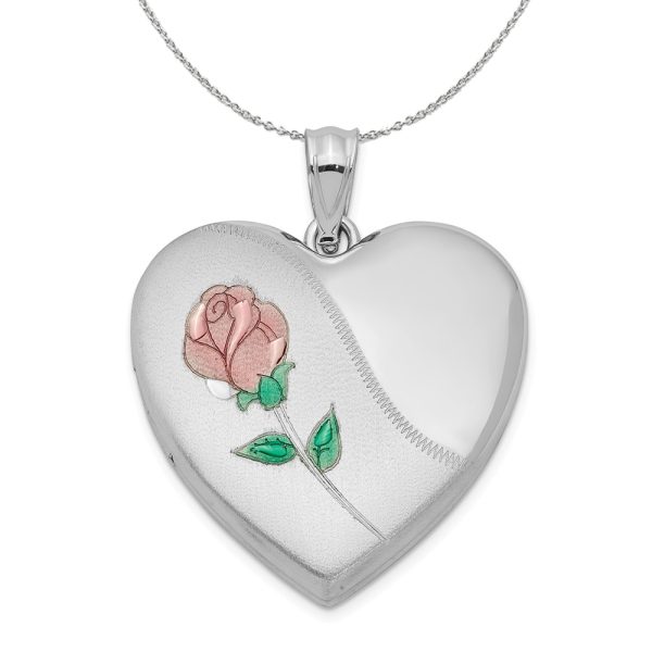 Sterling Silver and Enameled Rose Heart Locket, 24mm Necklace