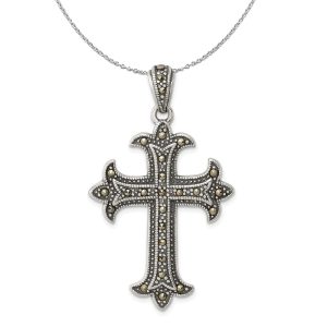 Sterling Silver and Marcasite Antiqued Fleur de Lis Cross Necklace