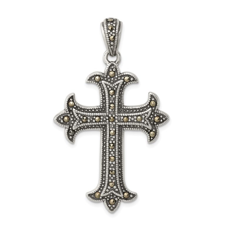 Sterling Silver and Marcasite Antiqued Fleur de Lis Cross Pendant