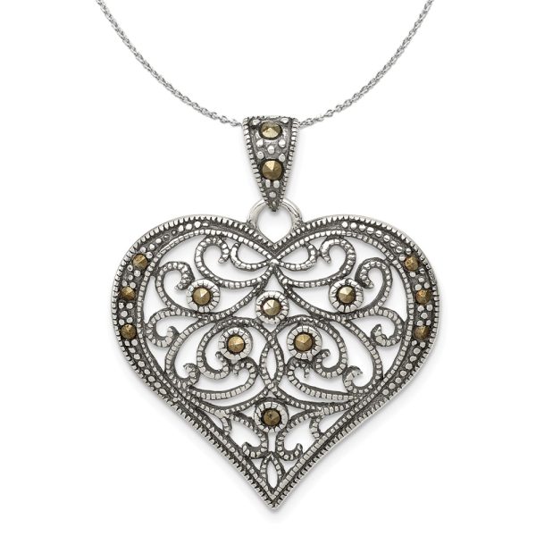 Sterling Silver and Marcasite Antiqued Scroll Heart 29mm Necklace