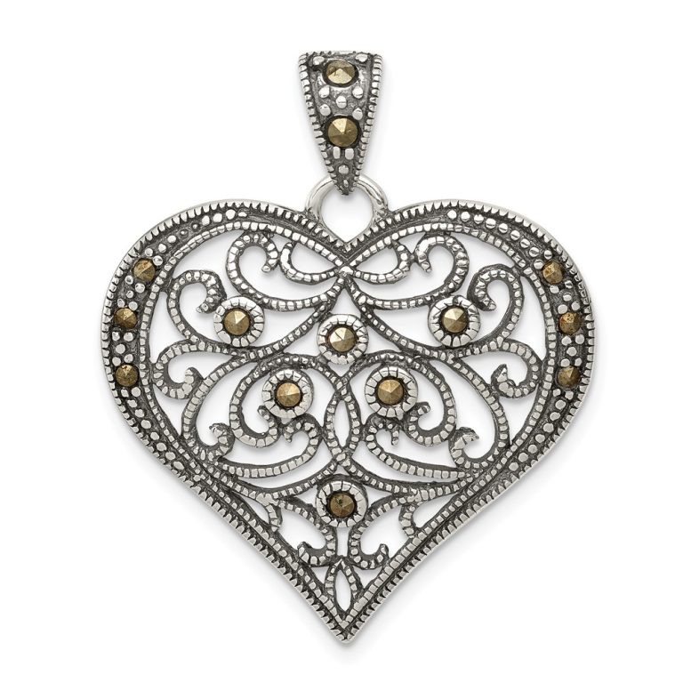 Sterling Silver and Marcasite Antiqued Scroll Heart Pendant, 29mm