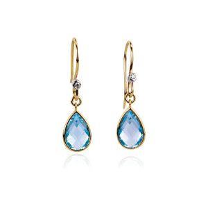 Swiss Blue Topaz Teardrop & Diamond Dangle Earrings in 14k Yellow Gold