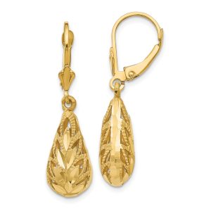 Teardrop Foliage Dangle Lever Back Earrings in 14k Yellow Gold