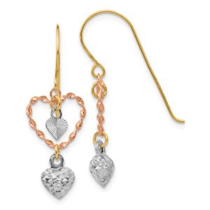 Tri-Color Triple Heart Dangle Earrings in 14k Gold