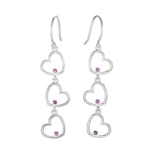 Triple Heart Amethyst Dangle Earrings in Sterling Silver