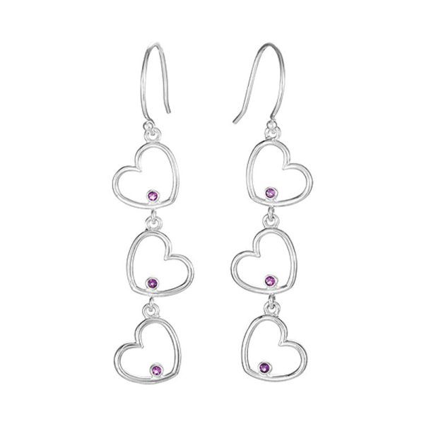 Triple Heart Amethyst Dangle Earrings in Sterling Silver