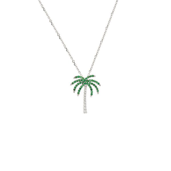 Tsavorite Garnet & Diamond Palm Tree 14k White Gold Necklace, 16 Inch