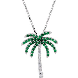 Tsavorite Garnet & Diamond Palm Tree 14k White Gold Necklace, 18 Inch