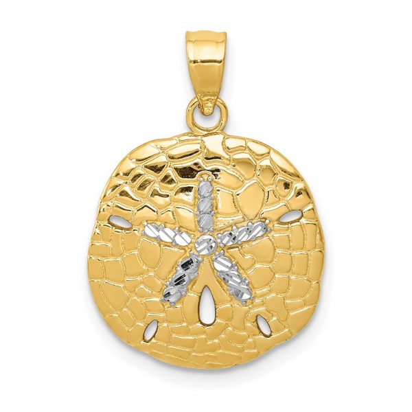 Two Tone Diamond Cut Sand Dollar Pendant in 14k Gold and Rhodium