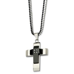 Two-Tone Stainless Steel Polished and CZ Cross Necklace - 22 Inch