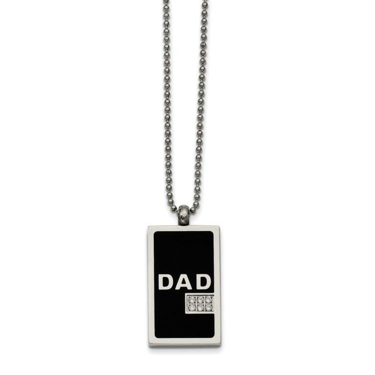 Two-Tone Stainless Steel and CZ Dad Dog Tag Necklace 24 Inch