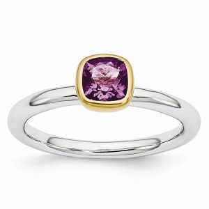 Two Tone Sterling Silver Stackable 5mm Cushion Amethyst Ring Size 8