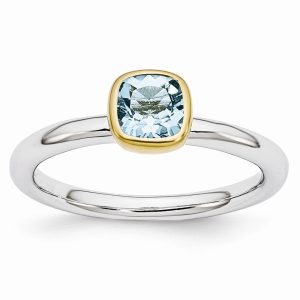 Two Tone Sterling Silver Stackable 5mm Cushion Blue Topaz Ring Size 7