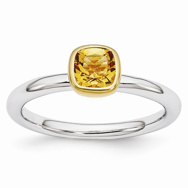 Two Tone Sterling Silver Stackable 5mm Cushion Citrine Ring Size 7