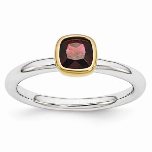 Two Tone Sterling Silver Stackable 5mm Cushion Garnet Ring Size 7