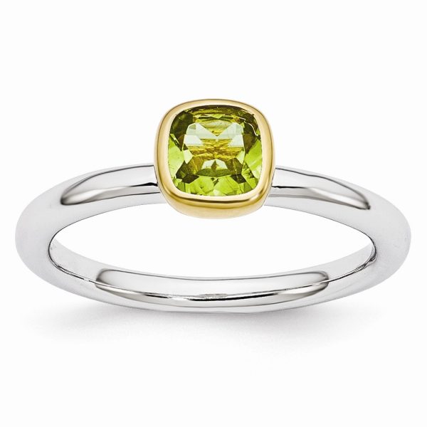 Two Tone Sterling Silver Stackable 5mm Cushion Peridot Ring Size 7