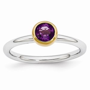 Two Tone Sterling Silver Stackable 5mm Round Amethyst Ring Size 7