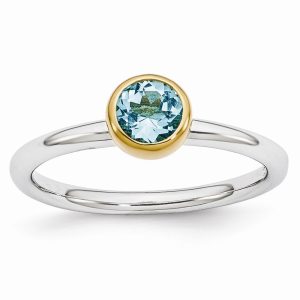 Two Tone Sterling Silver Stackable 5mm Round Blue Topaz Ring Size 8