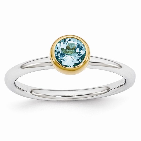 Two Tone Sterling Silver Stackable 5mm Round Blue Topaz Ring Size 8