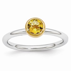 Two Tone Sterling Silver Stackable 5mm Round Citrine Ring Size 7