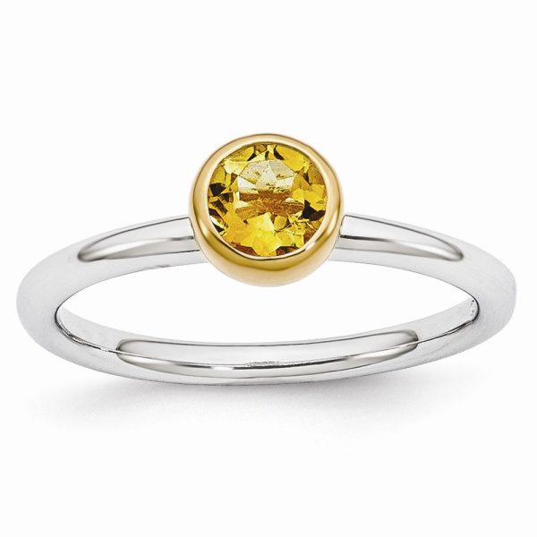 Two Tone Sterling Silver Stackable 5mm Round Citrine Ring Size 7