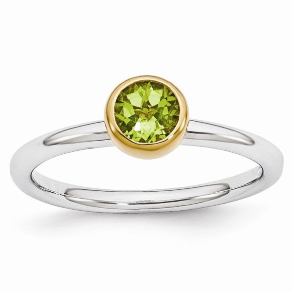 Two Tone Sterling Silver Stackable 5mm Round Peridot Ring Size 7