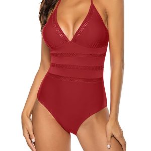 V Neck Cut Out Halter One Piece Swimsuit Ruby