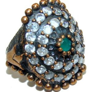 Victorian Style created Emerald & White Topaz Copper over Sterling Silver ring; s. 5 1/2