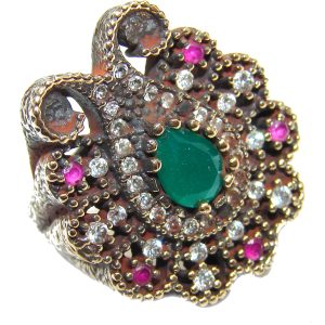 Victorian Style created Emerald & White Topaz Copper over Sterling Silver ring; s. 5 1/4