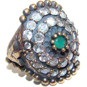 Victorian Style created Emerald & White Topaz Copper over Sterling Silver ring; s. 6 1/2