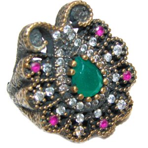 Victorian Style created Emerald & White Topaz Copper over Sterling Silver ring; s. 6 1/2