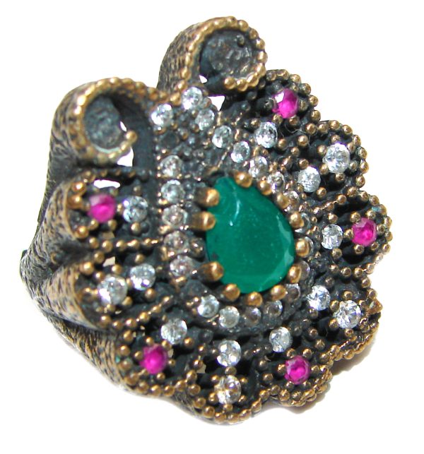 Victorian Style created Emerald & White Topaz Copper over Sterling Silver ring; s. 6 1/2