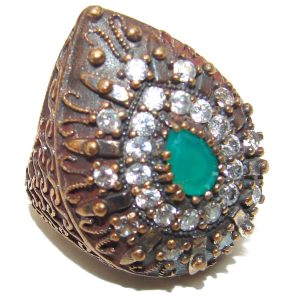 Victorian Style created Emerald & White Topaz Copper over Sterling Silver ring; s. 6