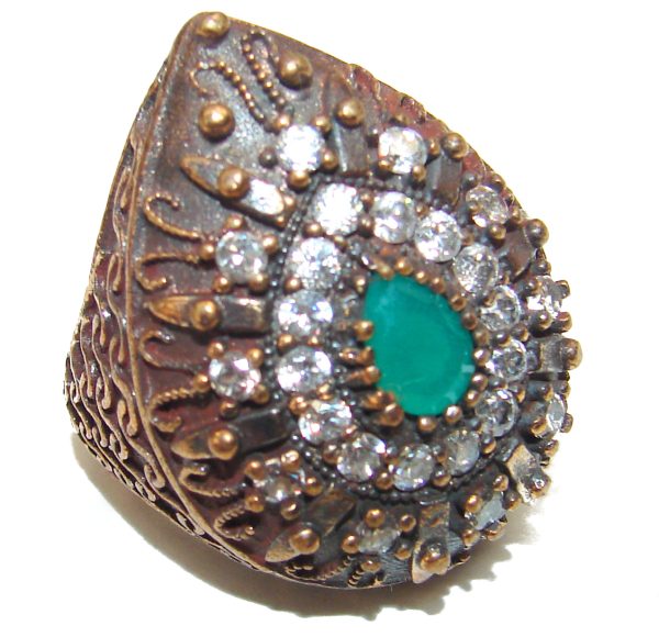 Victorian Style created Emerald & White Topaz Copper over Sterling Silver ring; s. 6