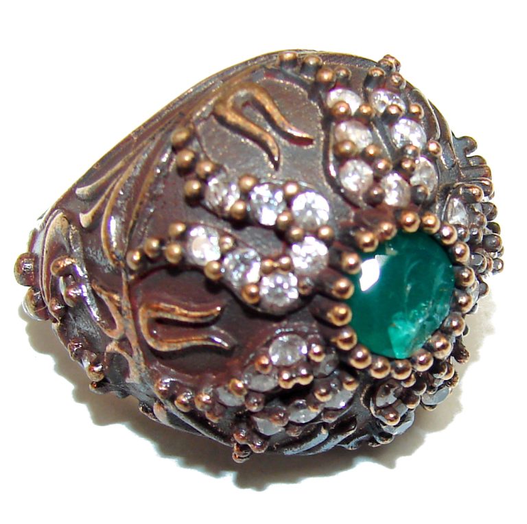 Victorian Style created Emerald & White Topaz Copper over Sterling Silver ring; s. 6