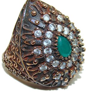 Victorian Style created Emerald & White Topaz Copper over Sterling Silver ring; s. 6