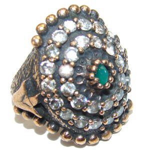 Victorian Style created Emerald & White Topaz Copper over Sterling Silver ring; s. 6 3/4