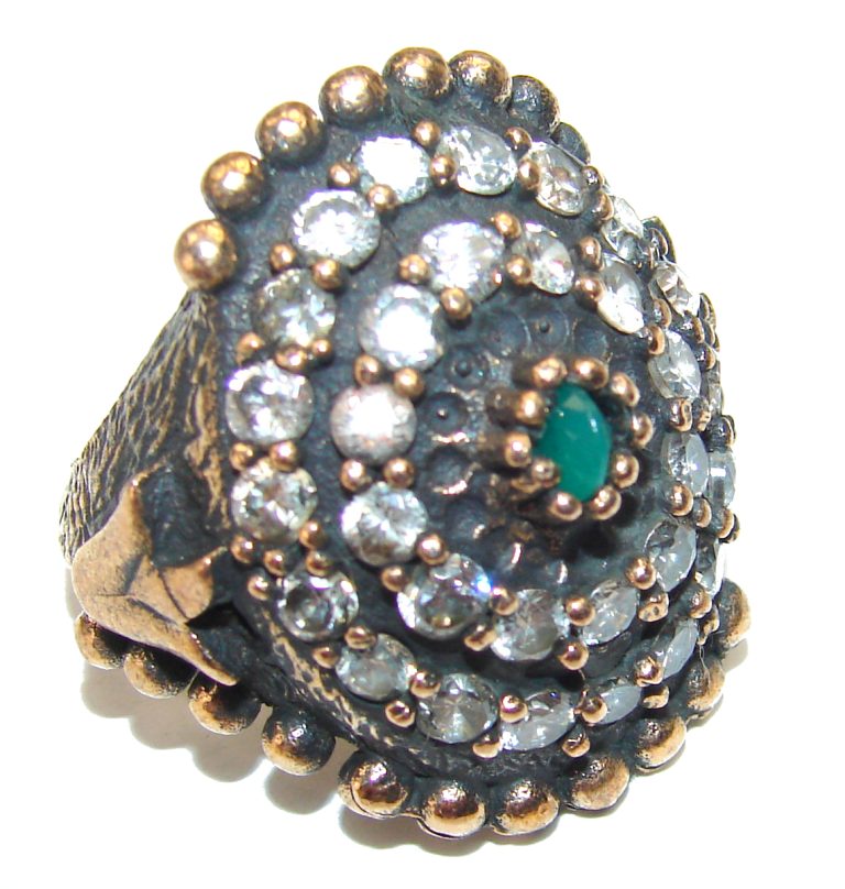 Victorian Style created Emerald & White Topaz Copper over Sterling Silver ring; s. 6 3/4