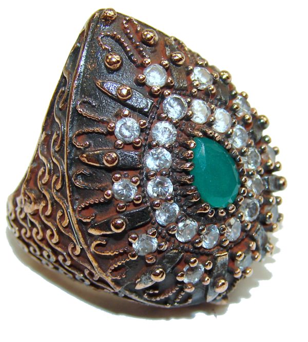 Victorian Style created Emerald & White Topaz Copper over Sterling Silver ring; s. 6