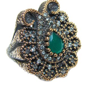 Victorian Style created Emerald & White Topaz Copper over Sterling Silver ring; s. 7