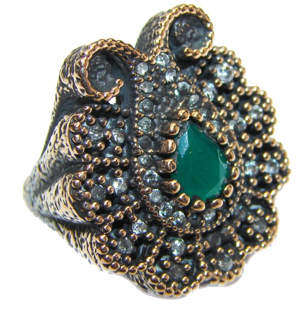 Victorian Style created Emerald & White Topaz Copper over Sterling Silver ring; s. 7