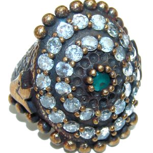 Victorian Style created Emerald & White Topaz Copper over Sterling Silver ring; s. 7