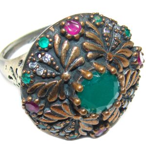 Victorian Style created Emerald & White Topaz Copper over Sterling Silver ring; s. 8