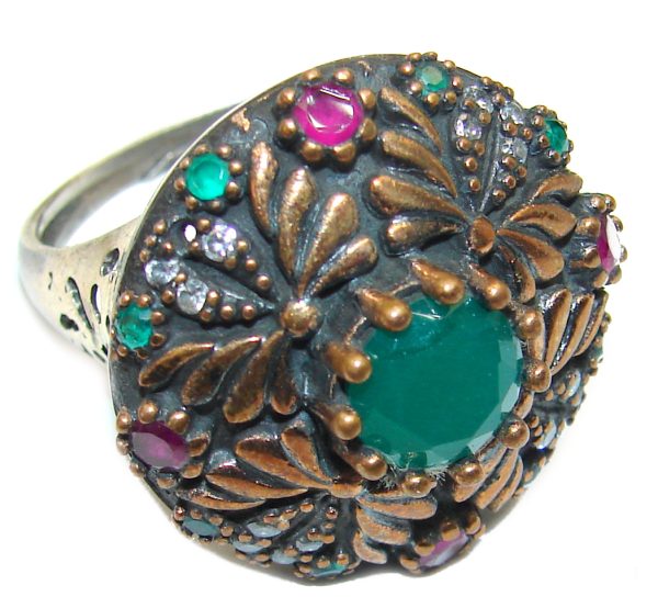 Victorian Style created Emerald & White Topaz Copper over Sterling Silver ring; s. 8