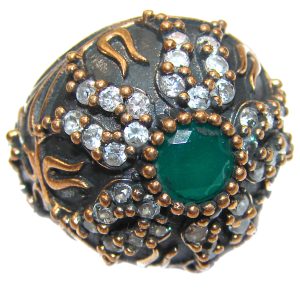 Victorian Style created Emerald & White Topaz Sterling Silver Ring s. 6